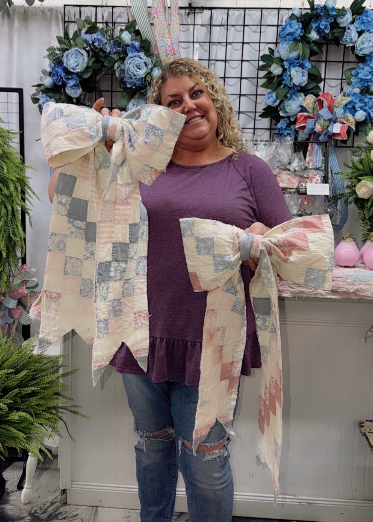 Vintage Quilt Bow Beadgrass Wreath
