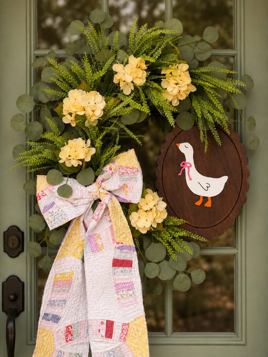 Pastel vintage quilted bow and yellow floral goose Wreath
