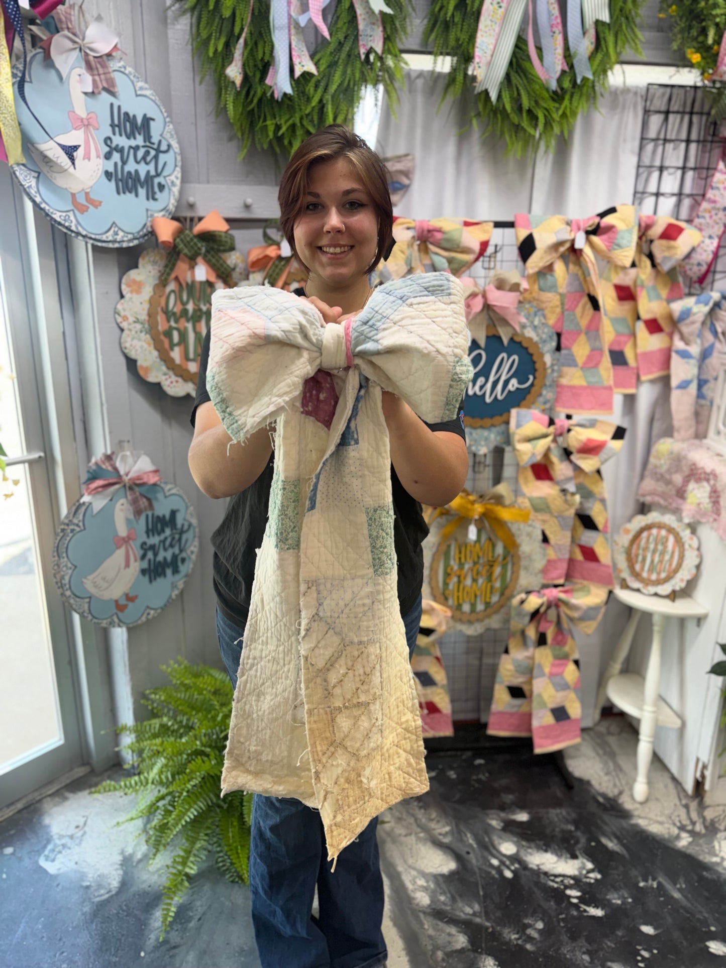 Vintage Quilt Bow Beadgrass Wreath
