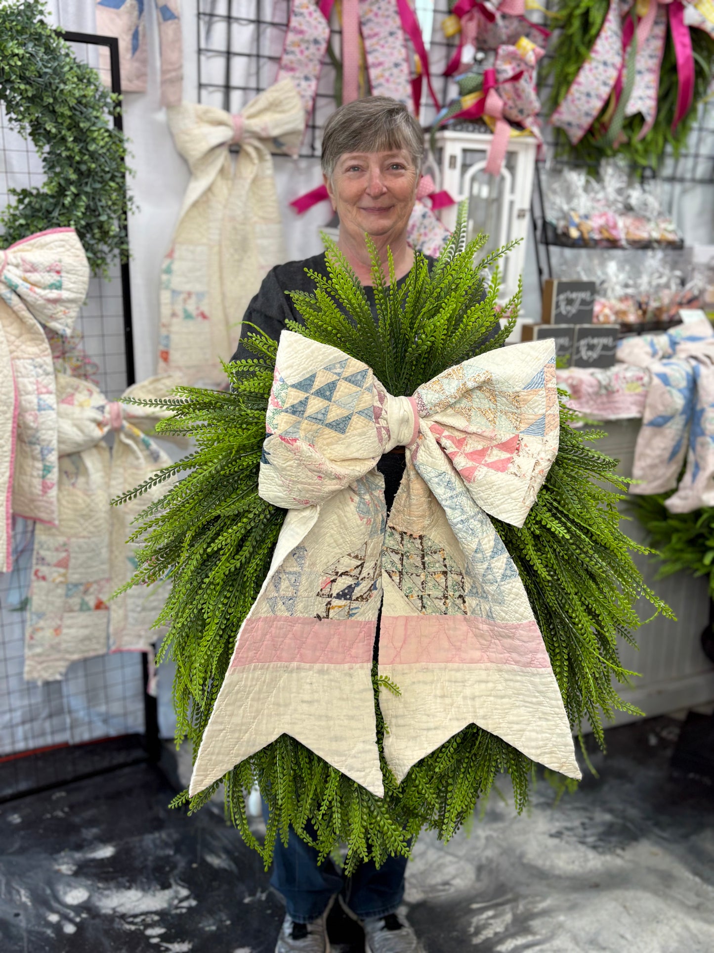 Vintage Quilt Bow Beadgrass Wreath