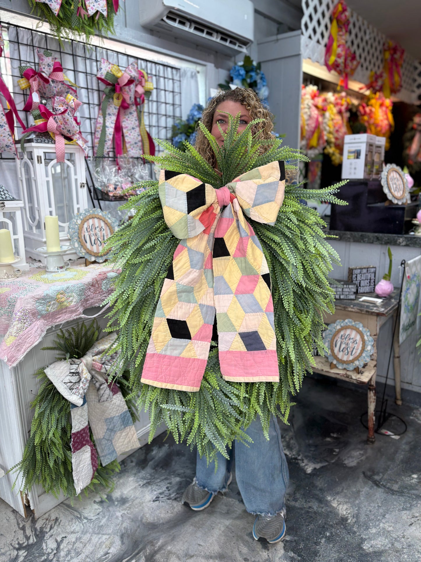Large Bright Vintage Quilted Beadgrass Wreath