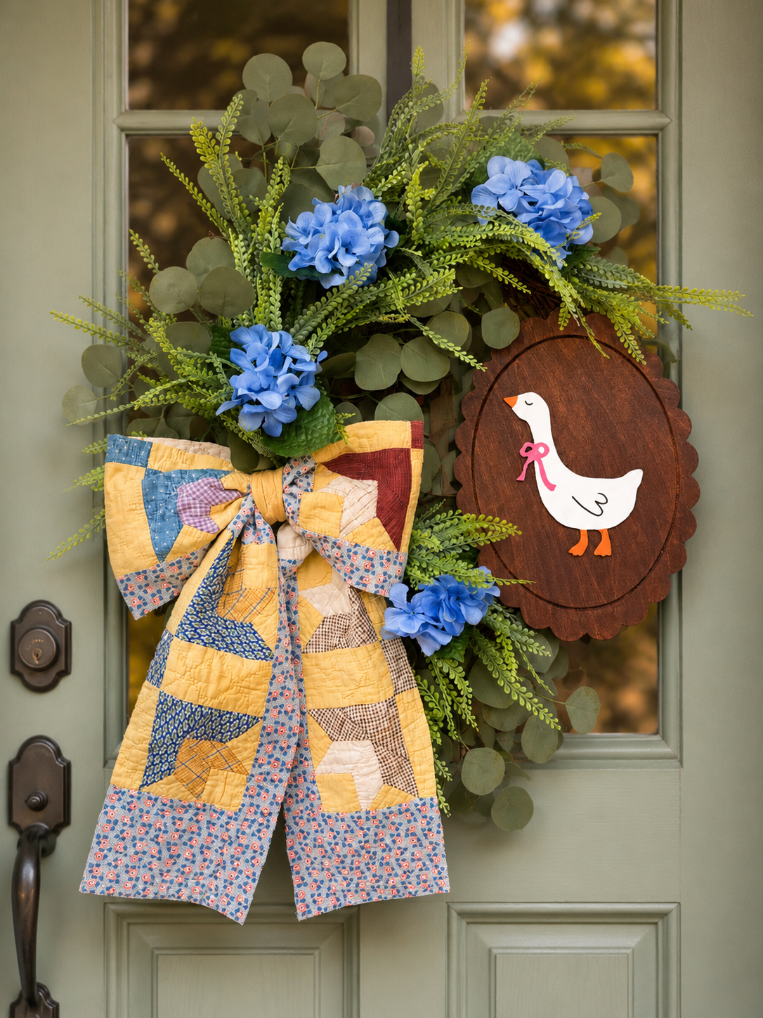 Pastel Yellow & Blue Vintage Quilted Bow floral goose wreath