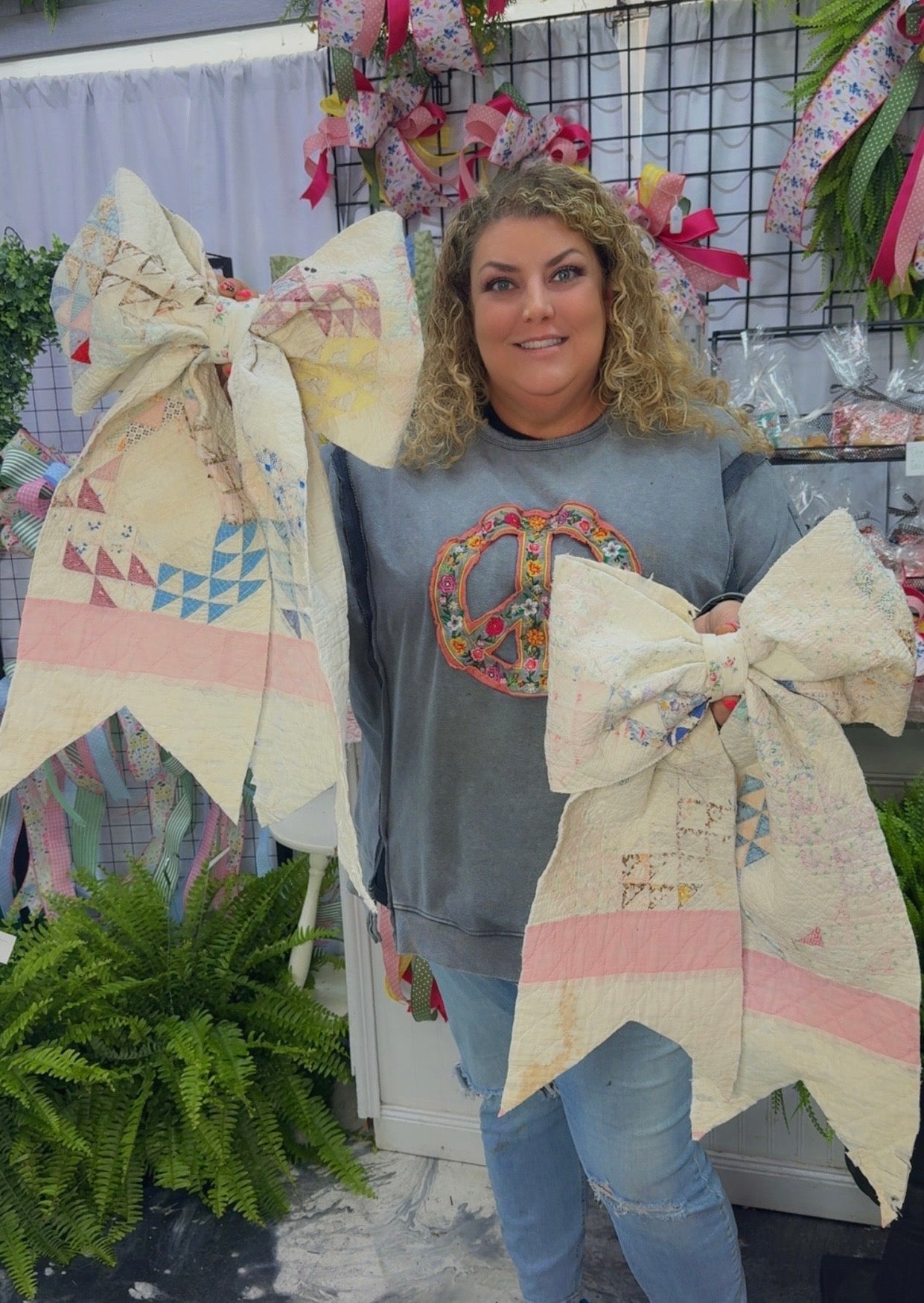 Vintage Quilt Bow Beadgrass Wreath